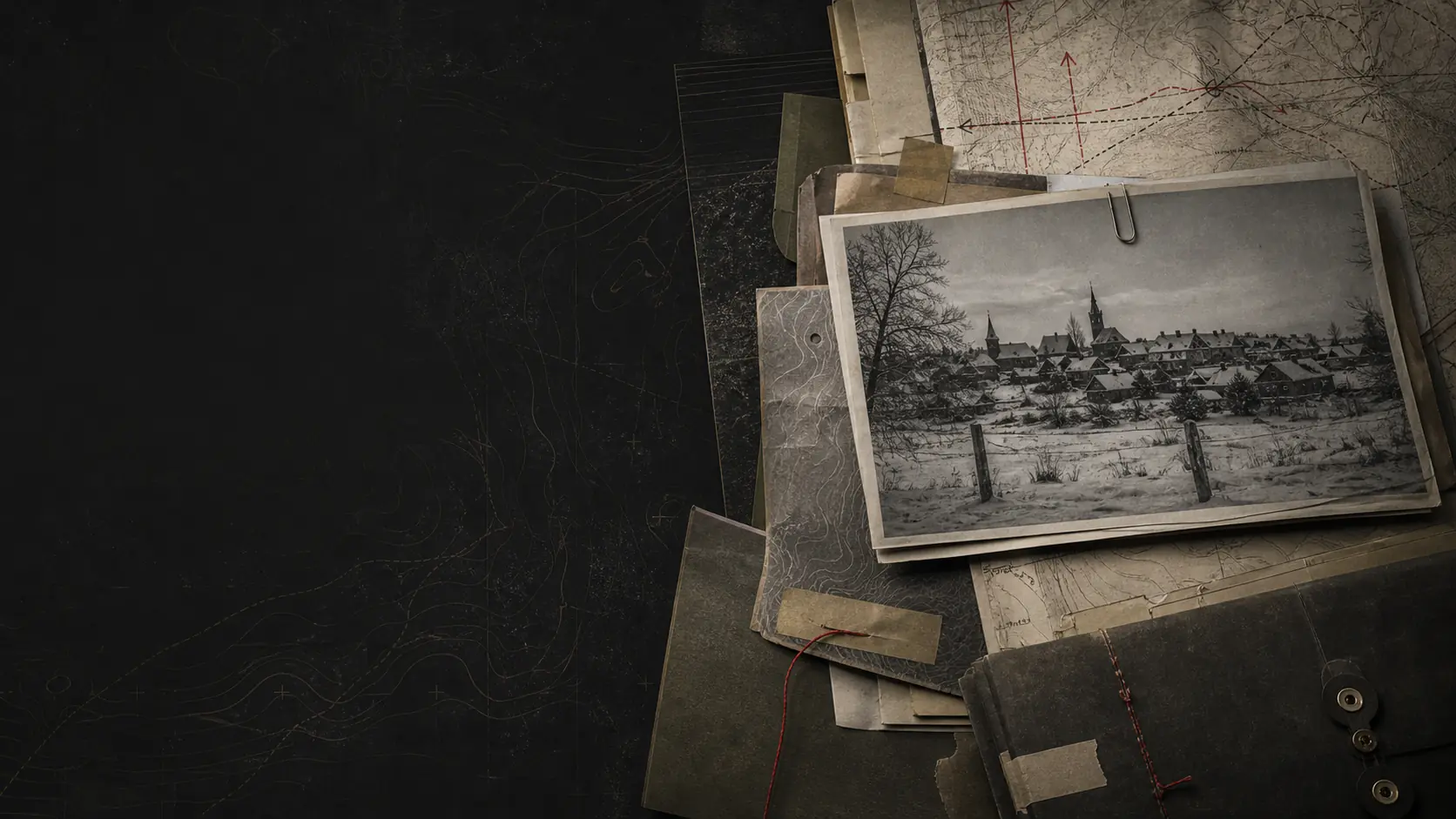 Abstract archive table with maps and a monochrome landscape photograph