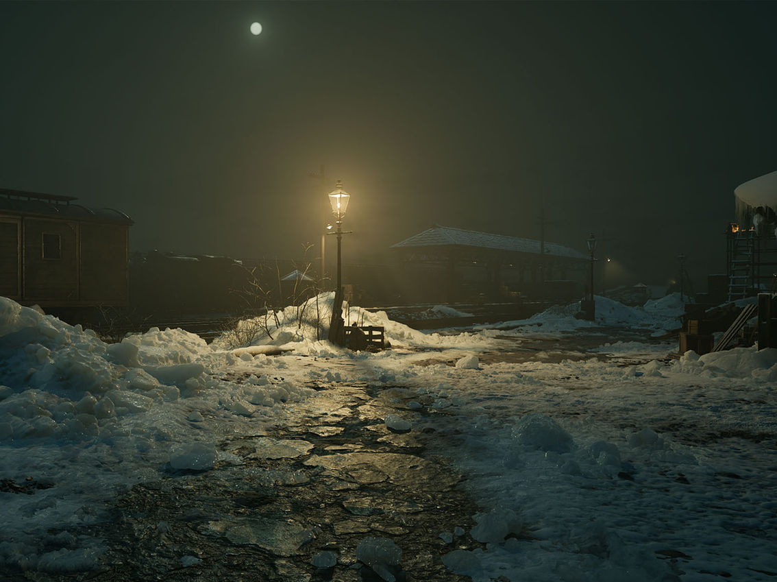 Snowy settlement at night used as a visual reference